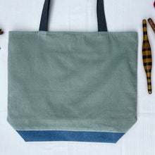 Load image into Gallery viewer, XL Tote bag. Sage green cotton corduroy and blue cotton denim tote bag.