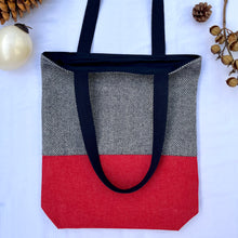 Load image into Gallery viewer, Tote bag. Navy blue and white herringbone wool fabric and blue denim tote. Ex designer fabric.