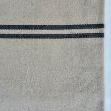 Load image into Gallery viewer, Tote bag. Heavyweight natural woven canvas with two horizontal blue grey stripes. Lined with a beautiful striped cotton shirting fabric.