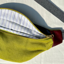 Load image into Gallery viewer, One-of-a-kind tote sling bag. Gorgeous navy blue and lime green corduroy. Lined with a navy blue and lime green striped cotton poplin fabric.