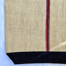 Load image into Gallery viewer, Tote bag. Vintage grain sack tote bag. Handwoven. Vertical blue and red stripes. Indigo blue denim.