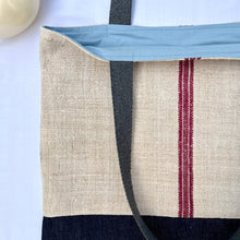 Load image into Gallery viewer, Tote bag. Vintage grain sack tote bag. Vertical burgundy stripe and indigo blue denim bottom.