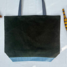 Load image into Gallery viewer, XL Tote bag. Army green cotton corduroy and light blue cotton denim tote bag.