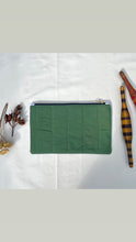 Load image into Gallery viewer, Gorgeous green quilted cotton and light blue cotton denim pouch. 2-fabric pouch with YKK zip. Zippered purse. Zippered pouch.