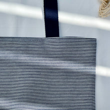 Load image into Gallery viewer, One of a kind bag. Tote Bag. Striped blue and white cotton denim with a dark blue denim bottom.
