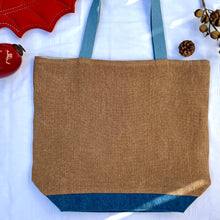 Load image into Gallery viewer, XL Tote Bag. Natural stonewashed brown French linen fabric and a blue cotton denim bottom.