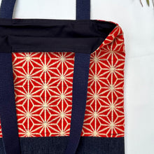 Load image into Gallery viewer, Tote bag. Vintage Japanese kimono fabric with a blue indigo denim bottom.