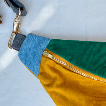 Load image into Gallery viewer, One-of-a-kind tote sling bag. Luxurious green and canary yellow cotton needlecord. Lined with a gorgeous red paisley cotton poplin fabric.