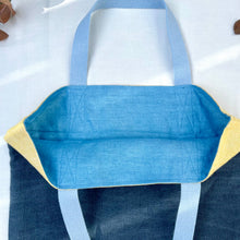 Load image into Gallery viewer, Tote bag. 100% linen tote bag. Stonewashed yellow and blue grey linen. Lined with an ex designer linen fabric.