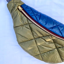 Load image into Gallery viewer, One-of-a-kind tote sling bag. Olive green and blue woven quilt fabric, lined with a gorgeous blue and brown stripe cotton poplin ex-designer fabric.