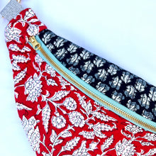 Load image into Gallery viewer, One-of-a-kind tote sling bag. Red and black Indian block print fabric.