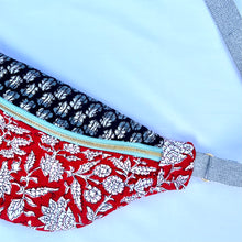 Load image into Gallery viewer, One-of-a-kind tote sling bag. Red and black Indian block print fabric.