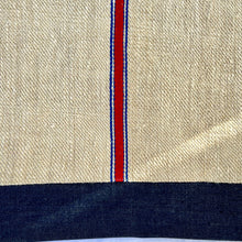 Load image into Gallery viewer, Tote bag. Vintage grain sack tote bag. Handwoven. Vertical blue and red stripes. Indigo blue denim.