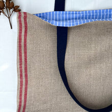 Load image into Gallery viewer, XL Tote Bag. Natural French linen fabric with raspberry red stripes and a light blue denim bottom.