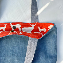 Load image into Gallery viewer, xs Handbag. Bag. Light blue cotton denim and brown leather handbag.