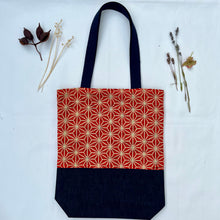 Load image into Gallery viewer, Tote bag. Vintage Japanese kimono fabric with a blue indigo denim bottom.