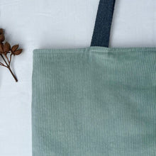Load image into Gallery viewer, XL Tote bag. Sage green cotton corduroy and blue cotton denim tote bag.