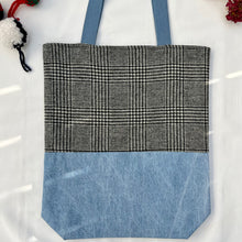Load image into Gallery viewer, Tote bag. Black and white « Prince of Wales » patterned wool and light blue denim tote. Ex designer fabric.