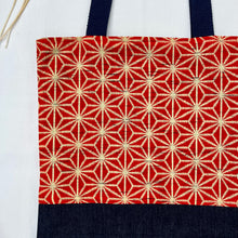 Load image into Gallery viewer, Tote bag. Vintage Japanese kimono fabric with a blue indigo denim bottom.