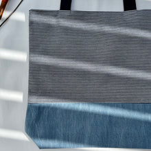 Load image into Gallery viewer, One of a kind bag. Tote Bag. Striped blue and white cotton denim with a dark blue denim bottom.