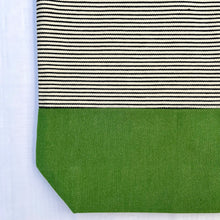 Load image into Gallery viewer, One of a kind bag. Tote Bag. Organic black and off white stripe cotton denim with a green denim bottom.