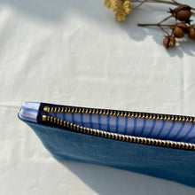 Load image into Gallery viewer, Gorgeous green quilted cotton and light blue cotton denim pouch. 2-fabric pouch with YKK zip. Zippered purse. Zippered pouch.