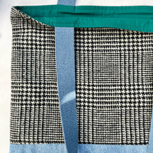 Load image into Gallery viewer, Tote bag. Black and white « Prince of Wales » patterned wool and light blue denim tote. Ex designer fabric.