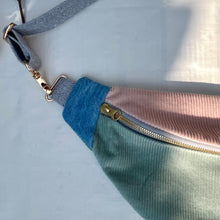 Load image into Gallery viewer, One-of-a-kind tote sling bag. Gorgeous sage green and dusty pink corduroy. Lined with a pink paisley cotton poplin fabric.