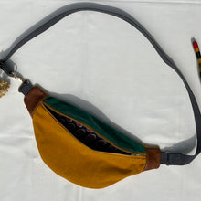 Load image into Gallery viewer, One-of-a-kind tote sling bag. Luxurious green and canary yellow cotton needlecord. Lined with a gorgeous red paisley cotton poplin fabric.