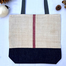 Load image into Gallery viewer, Tote bag. Vintage grain sack tote bag. Vertical burgundy stripe and indigo blue denim bottom.
