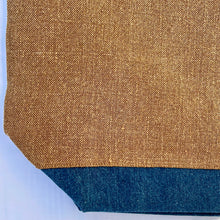 Load image into Gallery viewer, XL Tote Bag. Natural stonewashed brown French linen fabric and a blue cotton denim bottom.