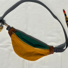 Load image into Gallery viewer, One-of-a-kind tote sling bag. Luxurious green and canary yellow cotton needlecord. Lined with a gorgeous red paisley cotton poplin fabric.