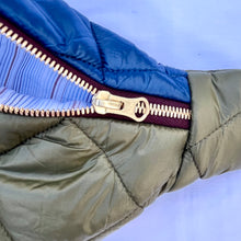 Load image into Gallery viewer, One-of-a-kind tote sling bag. Olive green and blue woven quilt fabric, lined with a gorgeous blue and brown stripe cotton poplin ex-designer fabric.