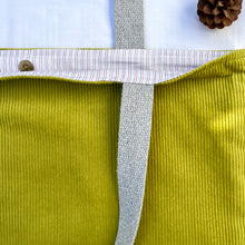Load image into Gallery viewer, XL Tote bag. Lime green corduroy and blue cotton denim tote bag.