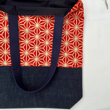 Load image into Gallery viewer, Tote bag. Vintage Japanese kimono fabric with a blue indigo denim bottom.