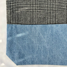 Load image into Gallery viewer, Tote bag. Black and white « Prince of Wales » patterned wool and light blue denim tote. Ex designer fabric.