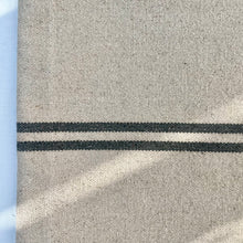 Load image into Gallery viewer, Tote bag. Heavyweight natural woven canvas with two horizontal blue grey stripes and light blue cotton denim bottom.