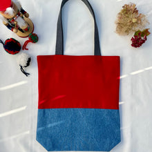 Load image into Gallery viewer, Tote bag. Ex designer red wool and blue denim tote.