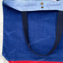 Load image into Gallery viewer, XL Tote bag. Blue cobalt corduroy and red cotton canvas tote bag.