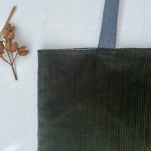 Load image into Gallery viewer, XL Tote bag. Army green cotton corduroy and light blue cotton denim tote bag.