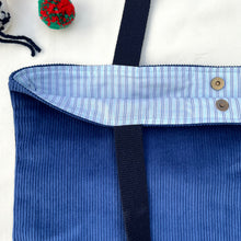 Load image into Gallery viewer, XL Tote bag. Blue cobalt corduroy and red cotton canvas tote bag.