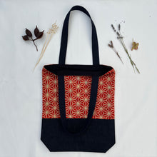 Load image into Gallery viewer, Tote bag. Vintage Japanese kimono fabric with a blue indigo denim bottom.