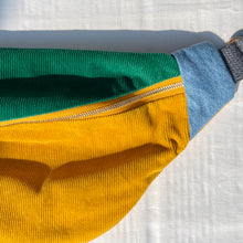 Load image into Gallery viewer, One-of-a-kind tote sling bag. Luxurious green and canary yellow cotton needlecord. Lined with a gorgeous red paisley cotton poplin fabric.