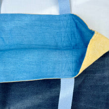 Load image into Gallery viewer, Tote bag. 100% linen tote bag. Stonewashed yellow and blue grey linen. Lined with an ex designer linen fabric.