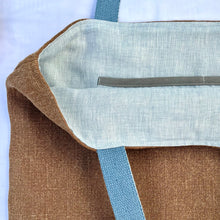 Load image into Gallery viewer, XL Tote Bag. Natural stonewashed brown French linen fabric and a blue cotton denim bottom.