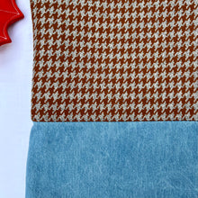 Load image into Gallery viewer, Tote bag. Luxurious grey and brown houndstooth patterned wool and blue cotton denim tote. Ex designer fabric.