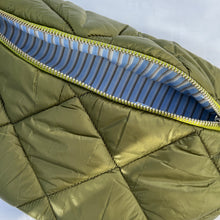 Load image into Gallery viewer, One-of-a-kind tote sling bag. Olive green woven quilt fabric, lined with a gorgeous blue and brown stripe cotton poplin ex-designer fabric.