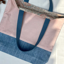 Load image into Gallery viewer, Tote bag. Dusty pink corduroy and light blue cotton denim tote bag.