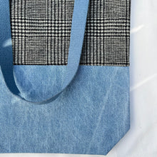 Load image into Gallery viewer, Tote bag. Black and white « Prince of Wales » patterned wool and light blue denim tote. Ex designer fabric.