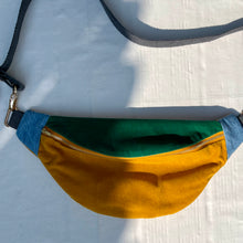 Load image into Gallery viewer, One-of-a-kind tote sling bag. Luxurious green and canary yellow cotton needlecord. Lined with a gorgeous red paisley cotton poplin fabric.